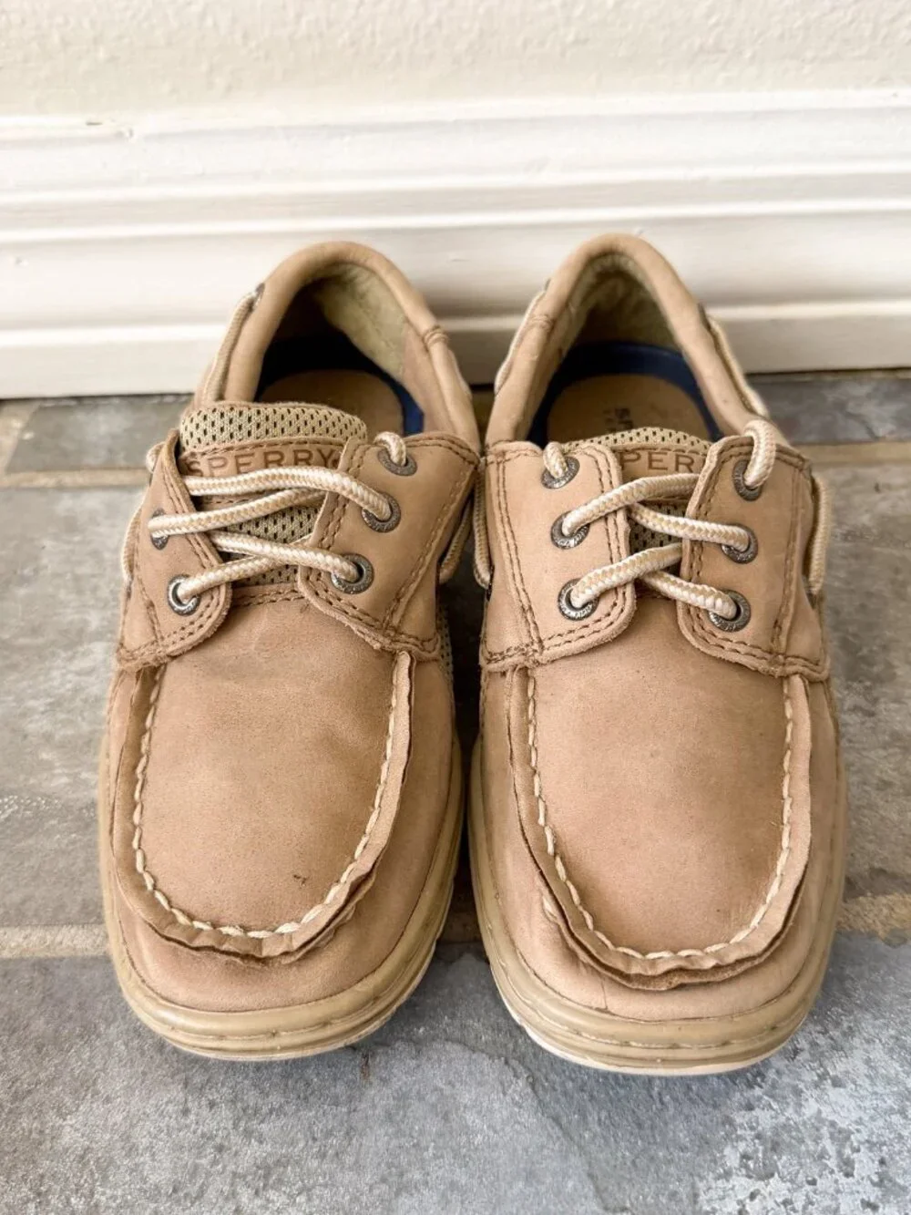 Sperry Billfish Boat Shoes Boys Size 1 Tan Leather Lace Up Slip On